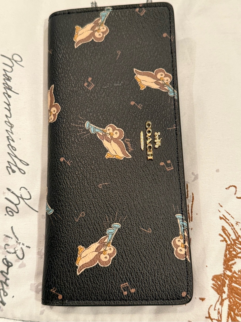 Coach Black Leather Long Wallet Penguin Print